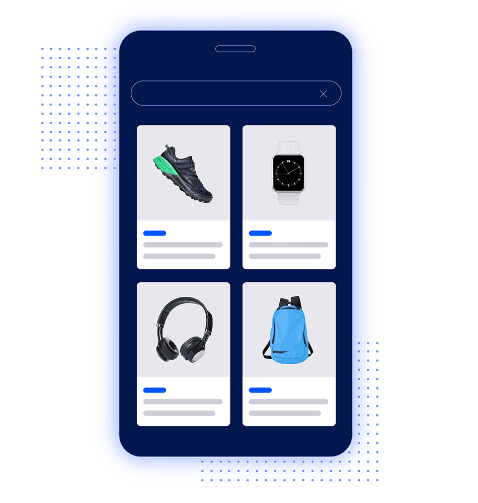 Smartphone screen displaying four product listings: a running shoe, a smartwatch, headphones, and a blue backpack.