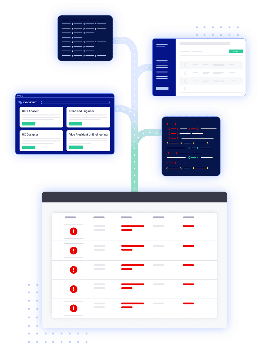 An abstract infographic showing multiple data sources—including a job board, code snippets, and spreadsheets—flowing into a central dashboard that displays several red error alerts.