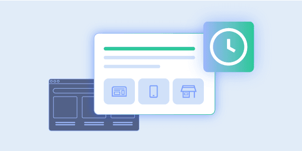Website and product cards shown with a large clock icon, illustrating time and resource savings.