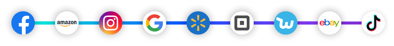 A row of logos for Facebook, Amazon, Instagram, Google, Walmart, Square, Wish, eBay, and TikTok.