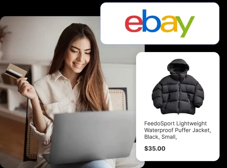 Woman shopping online with credit card next to eBay logo and product listing text: FeedoSport Lightweight Waterproof Puffer Jacket, Black, Small, $35.00