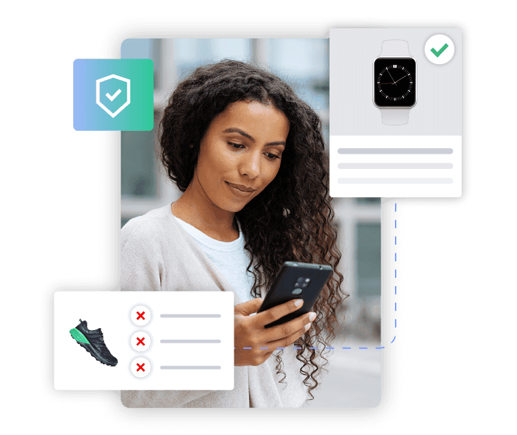 Woman holding mobile device with checkmark shield indicating security and product image overlays