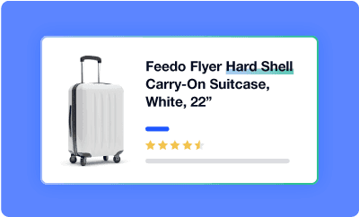 Product card showing a white suitcase with the title "Feedo Flyer Hard Shell Carry-On Suitcase, White, 22" and a 4.5-star rating.