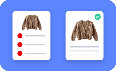 Comparison of two product cards: one with three red error alerts and one corrected with a green success checkmark.
