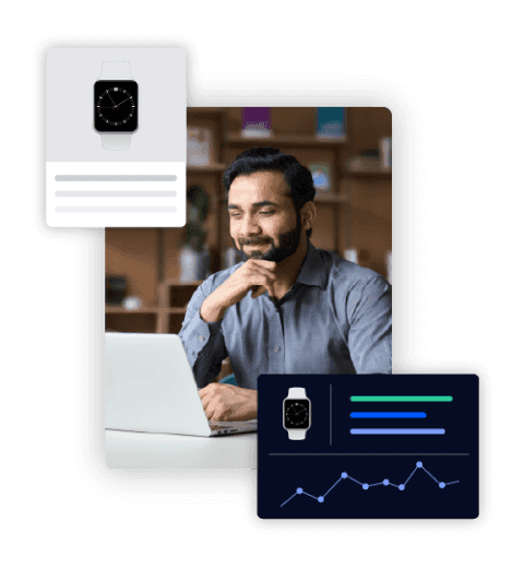 Bearded man smiling at laptop with watch product image overlay and data charts and trend lines