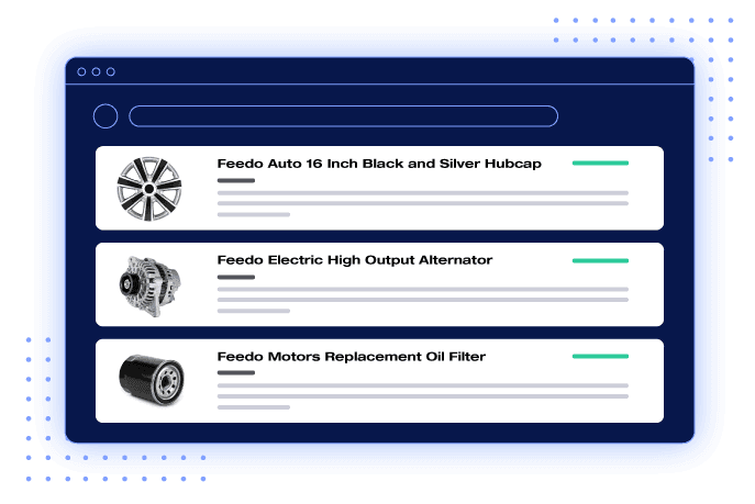 Scalable product feed management showing a hubcap, alternator, and oil filter product listings.