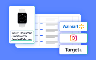 Water-resistant smartwatch product data optimized for Walmart, Instagram, and Target+ channels.
