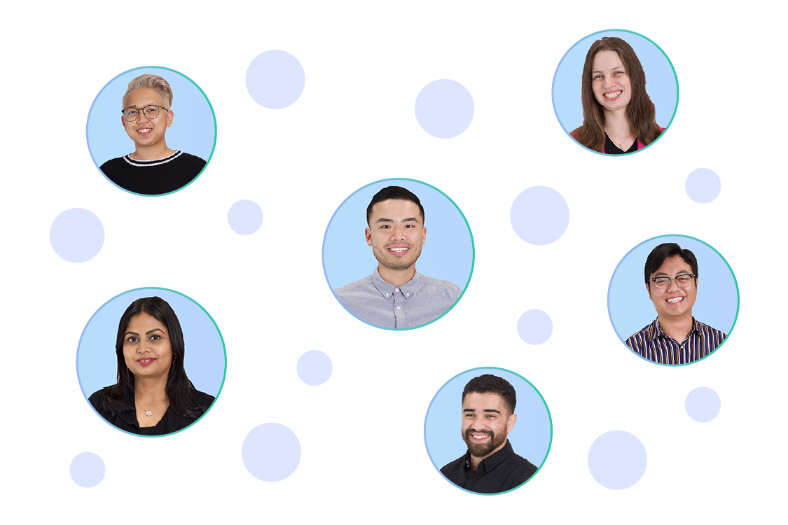 Six headshots of smiling, diverse marketplace feed specialists in circular frames.