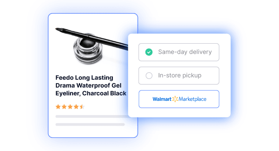 Feedo Gel Eyeliner product card with Walmart Marketplace same-day delivery and in-store pickup options.